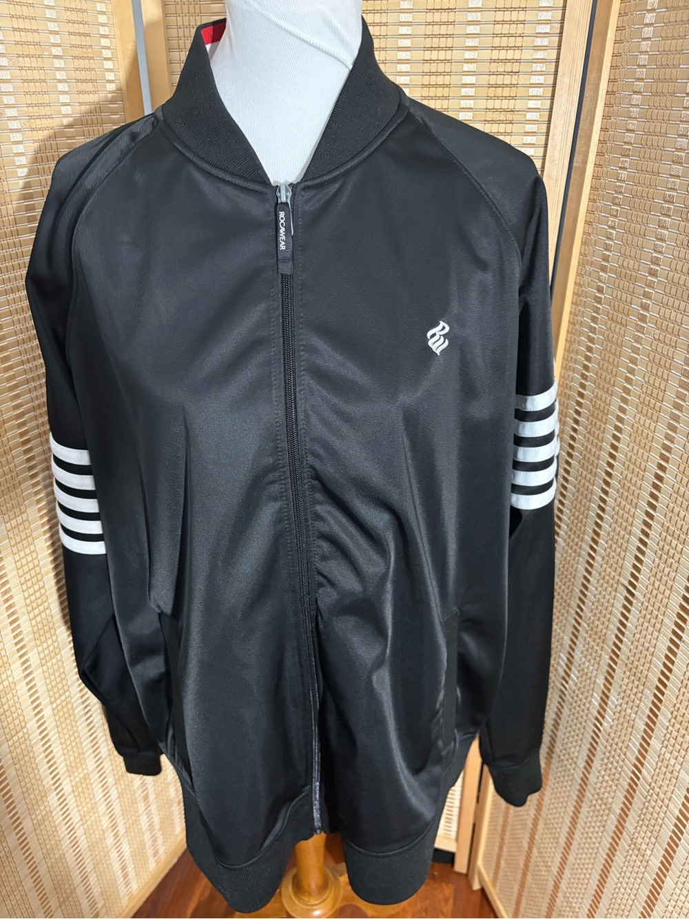 Rocawear Black Bomber Jacket with White Sleeve Stripes